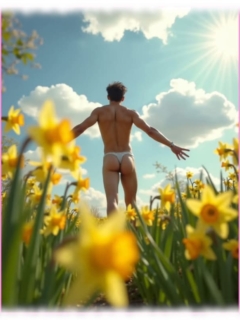 Mann im weißen Tanga zwischen Osterglocken, Rückenpartie mit prallem Po. Mann im weißen Tanga zwischen Osterglocken, Rückenpartie mit prallem Po.