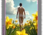 Nackter Mann zwischen Osterglocken, Rückenpartie mit prallem Po. Nackter Mann zwischen Osterglocken, Rückenpartie mit prallem Po.