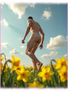 Nackter Mann läuft zwischen Osterglocken, blauer Himmel mit kleinen Wolken. Nackter Mann läuft zwischen Osterglocken, blauer Himmel mit kleinen Wolken.