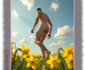 Nackter Mann läuft zwischen Osterglocken, blauer Himmel mit kleinen Wolken. Nackter Mann läuft zwischen Osterglocken, blauer Himmel mit kleinen Wolken.