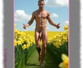 Nackter Mann zwischen Osterglocken laufend, seine Knospenfeder schwingt frei. Nackter Mann zwischen Osterglocken laufend, seine Knospenfeder schwingt frei.