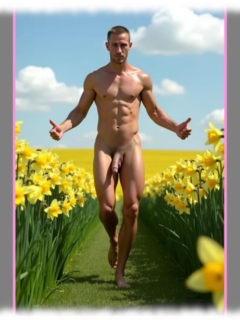 Nackter Mann zwischen Osterglocken laufend, seine Knospenfeder schwingt frei. Nackter Mann zwischen Osterglocken laufend, seine Knospenfeder schwingt frei.