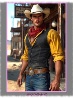 Hutträger mit Colt, alte Goldgräberstadt im Hintergrund. Hutträger mit Colt, alte Goldgräberstadt im Hintergrund.