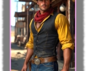 Hutträger mit Colt, alte Goldgräberstadt im Hintergrund. Hutträger mit Colt, alte Goldgräberstadt im Hintergrund.