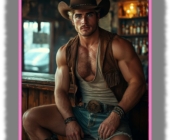 Muskulöser Hutträger mit offener Lederweste und Unterhemd in Saloon sitzend. Muskulöser Hutträger mit offener Lederweste und Unterhemd in Saloon sitzend.