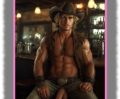 Westernmann in Saloon sitzend, geöffnete Hose gibt kräftigen Glutzeiger und Samenjuwelen frei. Westernmann in Saloon sitzend, geöffnete Hose gibt kräftigen Glutzeiger und Samenjuwelen frei.