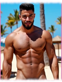 Portrait: Bärtiger Mann am Strand, muskulös, mit Brustbehaarung. Portrait: Bärtiger Mann am Strand, muskulös, mit Brustbehaarung.