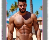 Portrait: Bärtiger Mann am Strand, muskulös, mit Brustbehaarung. Portrait: Bärtiger Mann am Strand, muskulös, mit Brustbehaarung.