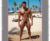 Bärtiger Mann am Strand, präsentiert seinen Lebensschlüssel, Palmen im Hintergrund. Bärtiger Mann am Strand, präsentiert seinen Lebensschlüssel, Palmen im Hintergrund.