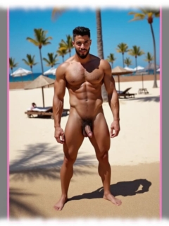 Bärtiger Mann am Strand, präsentiert seinen Lebensschlüssel, Palmen im Hintergrund. Bärtiger Mann am Strand, präsentiert seinen Lebensschlüssel, Palmen im Hintergrund.