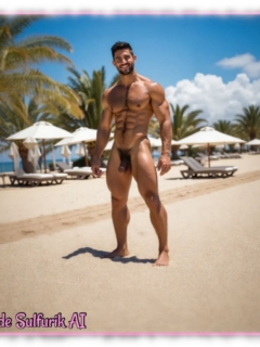 Bärtiger Mann am Strand, goldener Schlüssel von erotischem Wildwuchs umgeben. Bärtiger Mann am Strand, goldener Schlüssel von erotischem Wildwuchs umgeben.