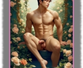 Asiate an Teich sitzend, Beine im Wasser, zeigt seinen Herold der Sehnsucht. Asiate an Teich sitzend, Beine im Wasser, zeigt seinen Herold der Sehnsucht.