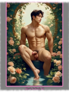 Asiate an Teich sitzend, Beine im Wasser, zeigt seinen Herold der Sehnsucht. Asiate an Teich sitzend, Beine im Wasser, zeigt seinen Herold der Sehnsucht.