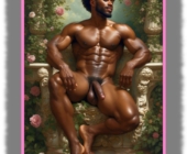 Dunkelhäutiger Mann auf Stein-Sitz, sein Lustpendel und die Flammenäpfel hängen frei. Dunkelhäutiger Mann auf Stein-Sitz, sein Lustpendel und die Flammenäpfel hängen frei.