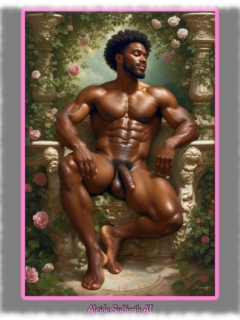 Dunkelhäutiger Mann auf Stein-Sitz, sein Lustpendel und die Flammenäpfel hängen frei. Dunkelhäutiger Mann auf Stein-Sitz, sein Lustpendel und die Flammenäpfel hängen frei.