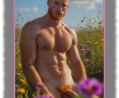 Bärtiger Ginger Men auf Blumenwiese knieend, haarige Verlockung krönt sein Juwel der Liebe. Bärtiger Ginger Men auf Blumenwiese knieend, haarige Verlockung krönt sein Juwel der Liebe.