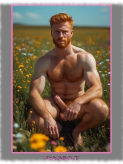 Ginger Men auf Blumenwiese hockend, Hand an den Fruchtknollen und der erhabenen Statue. Ginger Men auf Blumenwiese hockend, Hand an den Fruchtknollen und der erhabenen Statue.