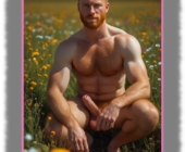 Ginger Men auf Blumenwiese hockend, Hand an den Fruchtknollen und der erhabenen Statue. Ginger Men auf Blumenwiese hockend, Hand an den Fruchtknollen und der erhabenen Statue.