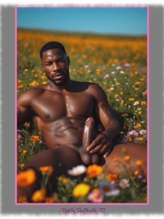 Dunkelhäutiger Mann auf Blumenwiese liegend, Hand hebt seinen aufgerichteten Kelch der Lust nach oben. Dunkelhäutiger Mann auf Blumenwiese liegend, Hand hebt seinen aufgerichteten Kelch der Lust nach oben.