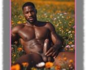 Dunkelhäutiger Mann auf Blumenwiese liegend, Hand hebt seinen aufgerichteten Kelch der Lust nach oben. Dunkelhäutiger Mann auf Blumenwiese liegend, Hand hebt seinen aufgerichteten Kelch der Lust nach oben.