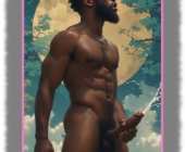 Dunkelhäutiger Mann vor Mond, unerschütterlicher Mast in der Hand ergießt Milch der Lust. Dunkelhäutiger Mann vor Mond, unerschütterlicher Mast in der Hand ergießt Milch der Lust.