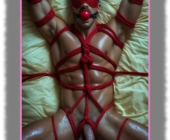 Mann mit Bondage-Seilen gefesselt, Lebensschlüssel und Flammenäpfel fest verschnürt. Mann mit Bondage-Seilen gefesselt, Lebensschlüssel und Flammenäpfel fest verschnürt.