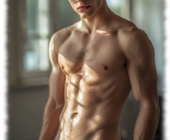 Leicht behaarter junger Mann im Halbschatten, mit emporsteigender Spannung. Leicht behaarter junger Mann im Halbschatten, mit emporsteigender Spannung.