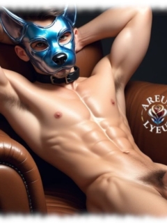 Twink mit Hundemaske und Lederhalsband auf Ledersofa liegend, haarige Verlockung über aufgerichtetem Verlangen. Twink mit Hundemaske und Lederhalsband auf Ledersofa liegend, haarige Verlockung über aufgerichtetem Verlangen.