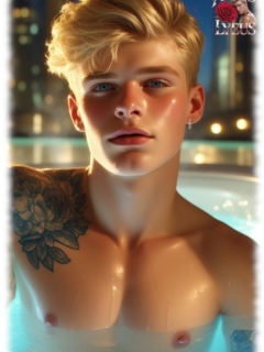 Blonder Twink im Jacuzzi, Portrait, tätowiert, sinnlicher Blick. Blonder Twink im Jacuzzi, Portrait, tätowiert, sinnlicher Blick.