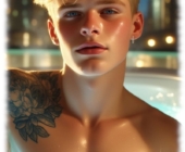 Blonder Twink im Jacuzzi, Portrait, tätowiert, sinnlicher Blick. Blonder Twink im Jacuzzi, Portrait, tätowiert, sinnlicher Blick.