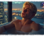 Blonder Twink im Jacuzzi liegend, Portrait, Skyline im Hintergrund. Blonder Twink im Jacuzzi liegend, Portrait, Skyline im Hintergrund.
