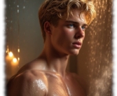 Porträit, blonder Twink unter Wasserstrahl mit nasser Haut. Porträit, blonder Twink unter Wasserstrahl mit nasser Haut.