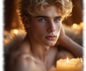 Nahaufnahme, blonder Jüngling, blaue Augen, sinnlicher Blick, freier Oberkörper von weißem Fell umrahmt. Nahaufnahme, blonder Jüngling, blaue Augen, sinnlicher Blick, freier Oberkörper von weißem Fell umrahmt.