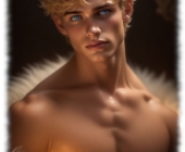 Nahaufnahme, blonder Jüngling, blaue Augen, sinnlicher Blick, freier Oberkörper von weißem Fell umrahmt. Nahaufnahme, blonder Jüngling, blaue Augen, sinnlicher Blick, freier Oberkörper von weißem Fell umrahmt.