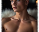 Portrait, blonder Jüngling, blaue Augen, goldenes Stirnband, freier Oberkörper auf weißem Fell liegend. Portrait, blonder Jüngling, blaue Augen, goldenes Stirnband, freier Oberkörper auf weißem Fell liegend.