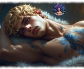 Nahaufnahme, blonder Lockenkopf, blaue Augen, tätowierte Brust teilweise von weißem Fell bedeckt. Nahaufnahme, blonder Lockenkopf, blaue Augen, tätowierte Brust teilweise von weißem Fell bedeckt.