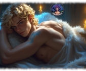 Nahaufnahme, blonder Lockenkopf, auf Bauch liegend, nackter Rücken teilweise von weißem Fell bedeckt. Nahaufnahme, blonder Lockenkopf, auf Bauch liegend, nackter Rücken teilweise von weißem Fell bedeckt.