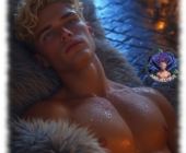 Portrait, blonder Jüngling, Wassertropfen auf nackter Brust, von weißem Fell eingerahmt. Portrait, blonder Jüngling, Wassertropfen auf nackter Brust, von weißem Fell eingerahmt.