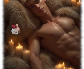 Blonder Jüngling mit Krone auf weißem Fell liegend, Kerzen umrahmen ihn. Blonder Jüngling mit Krone auf weißem Fell liegend, Kerzen umrahmen ihn.