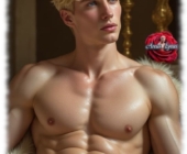 Blonder Jüngling liegt verträumt, die erhabene Statue und Fruchtknollen stolz, Fell wie ein Kissen. Blonder Jüngling liegt verträumt, die erhabene Statue und Fruchtknollen stolz, Fell wie ein Kissen.