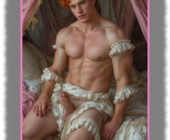 Rothaariger Jüngling, muskulös in weißen Strapsen, Erregungsrute steil nach oben gerichtet. Rothaariger Jüngling, muskulös in weißen Strapsen, Erregungsrute steil nach oben gerichtet.