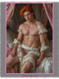 Rothaariger Jüngling, muskulös in weißen Strapsen, Erregungsrute steil nach oben gerichtet. Rothaariger Jüngling, muskulös in weißen Strapsen, Erregungsrute steil nach oben gerichtet.