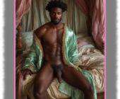 Dunkelhäutiger Mann breitbeinig auf Satin-Laken sitzend, Liebesstab von heißem Busch gekrönt. Dunkelhäutiger Mann breitbeinig auf Satin-Laken sitzend, Liebesstab von heißem Busch gekrönt.