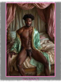 Dunkelhäutiger Mann breitbeinig auf Satin-Laken sitzend, Liebesstab von heißem Busch gekrönt. Dunkelhäutiger Mann breitbeinig auf Satin-Laken sitzend, Liebesstab von heißem Busch gekrönt.