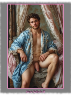 Junger Mann im hellblauen Satin-Gewandt, Eros-Schwert und drängende Schätze liegen auf Decke im Sessel. Junger Mann im hellblauen Satin-Gewandt, Eros-Schwert und drängende Schätze liegen auf Decke im Sessel.