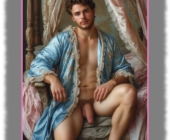 Junger Mann im hellblauen Satin-Gewandt, Eros-Schwert und drängende Schätze liegen auf Decke im Sessel. Junger Mann im hellblauen Satin-Gewandt, Eros-Schwert und drängende Schätze liegen auf Decke im Sessel.