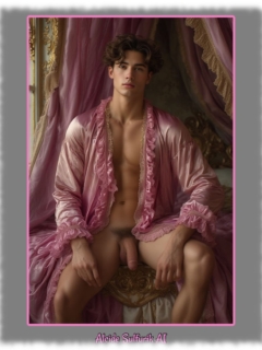 Twink in rosa Rüschen-Gewandt unter rosa Baldachin, sein Lustpendel hängt frei. Twink in rosa Rüschen-Gewandt unter rosa Baldachin, sein Lustpendel hängt frei.