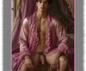 Twink in rosa Rüschen-Gewandt unter rosa Baldachin, sein Lustpendel hängt frei. Twink in rosa Rüschen-Gewandt unter rosa Baldachin, sein Lustpendel hängt frei.
