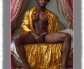 Dunkelhäutiger Mann breitbeinig sitzend mit goldenem Gewandt, Hand an seinen begehrenswerten Kugeln. Dunkelhäutiger Mann breitbeinig sitzend mit goldenem Gewandt, Hand an seinen begehrenswerten Kugeln.