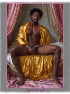 Dunkelhäutiger Mann breitbeinig sitzend mit goldenem Gewandt, Hand an seinen begehrenswerten Kugeln. Dunkelhäutiger Mann breitbeinig sitzend mit goldenem Gewandt, Hand an seinen begehrenswerten Kugeln.